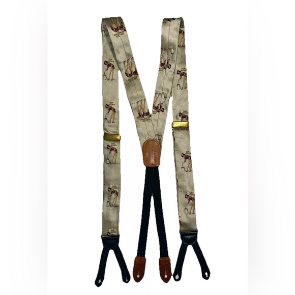 Cole Haan Suspenders Made In USA Beige Pin-up Woman Slow Curves Ahead Rare 50in.